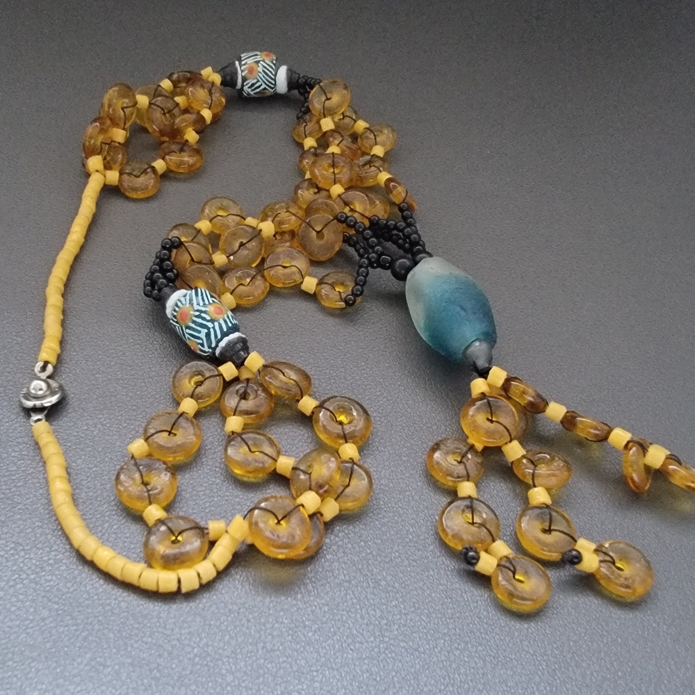 Vintage Trade Bead Necklace Honey Amber Glass Fringe Tribal Statement Bib